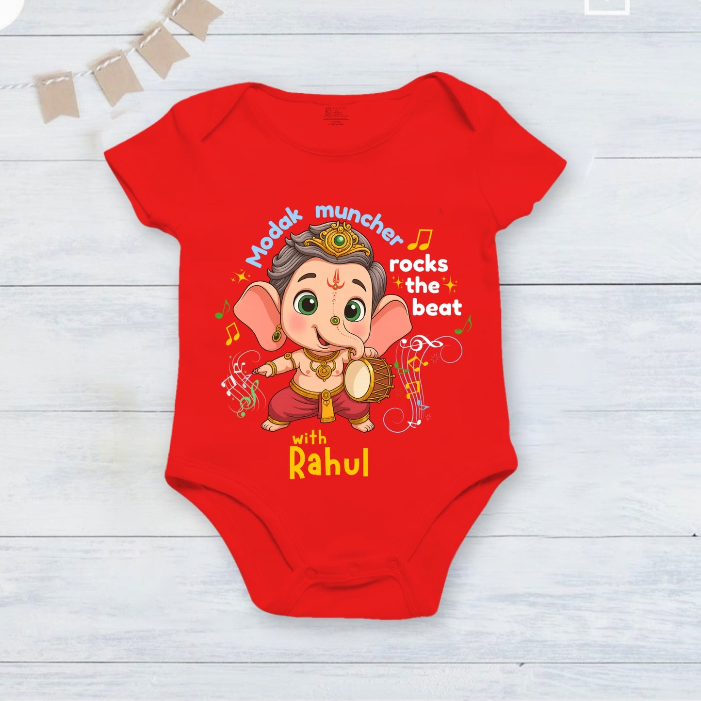 Modak Muncher Rocks The Beat with customised name_ Red Onesie