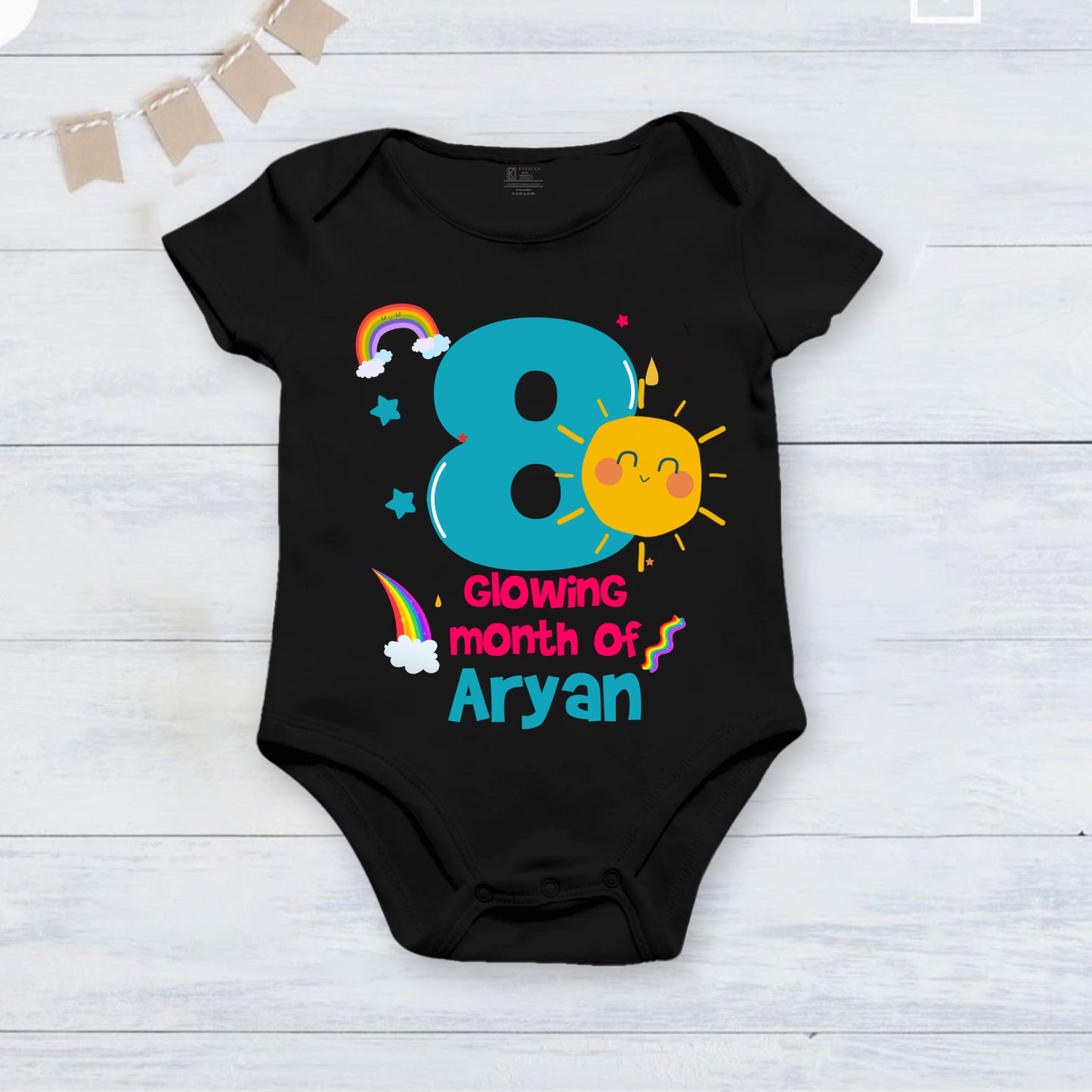 8th Infant monthly birthday_ With Customized Baby Boy's Name Stylish Black Onesies