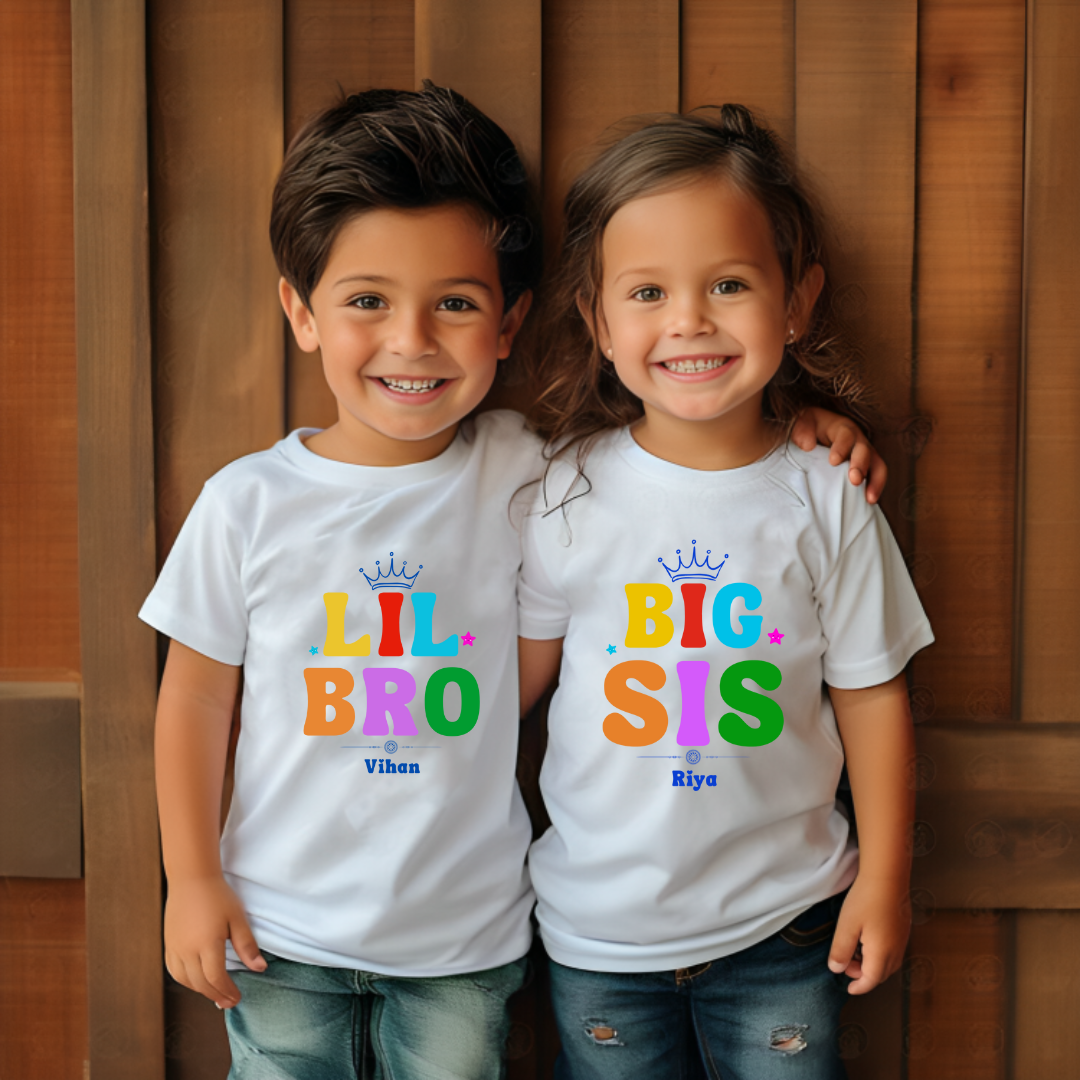 Combo pack of Little Bro, Big Sis with Customised Name_ White Tees
