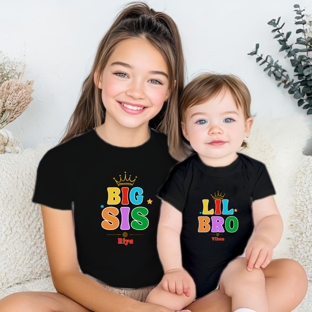 Combo pack of Big Sister, Little Brother Crown design with Customised Name_ Black Tees & Onesie
