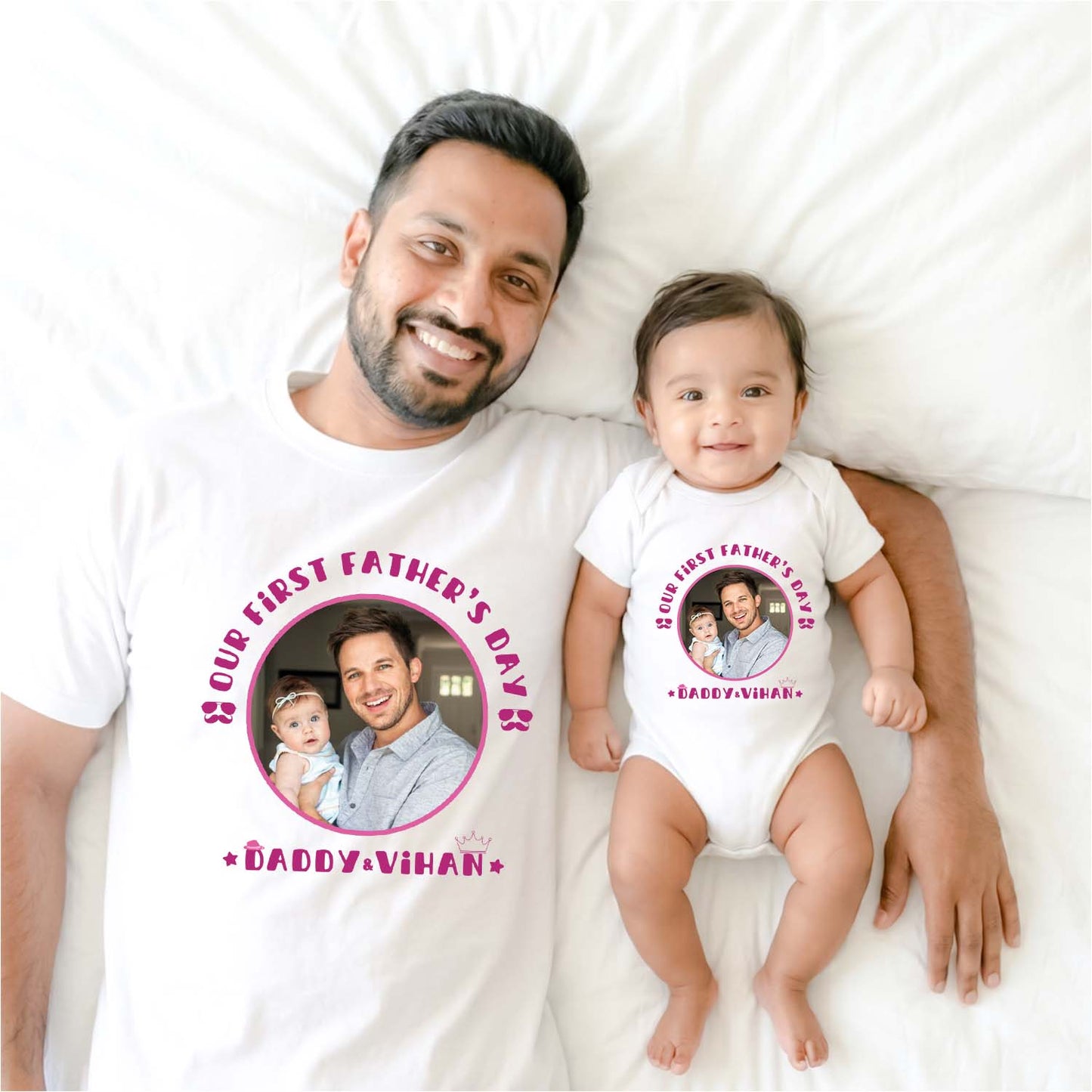New Born & Baby Clothing | Our First Father's Day Twinning Sets T-shirt and onesie customized baby name with picture | Soft T-shirt
