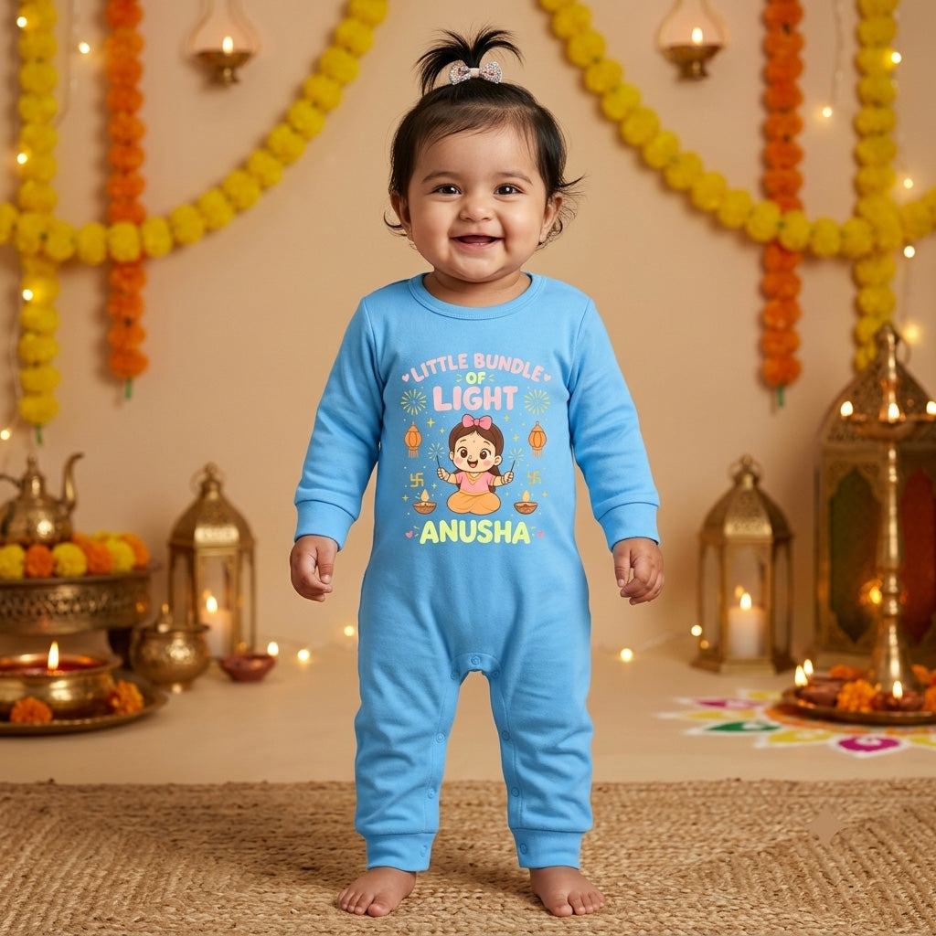 Little Bundle Of Light With Customized Baby Girl Name _ Full Blue Romper