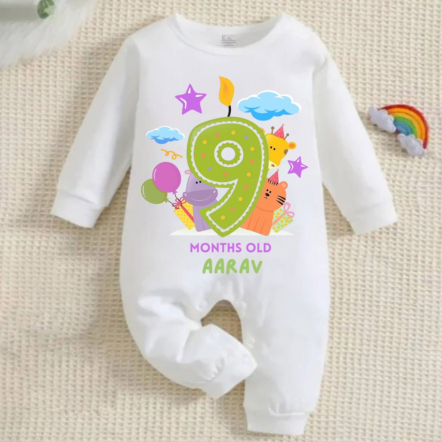 9 Month White Full Romper Candle Design