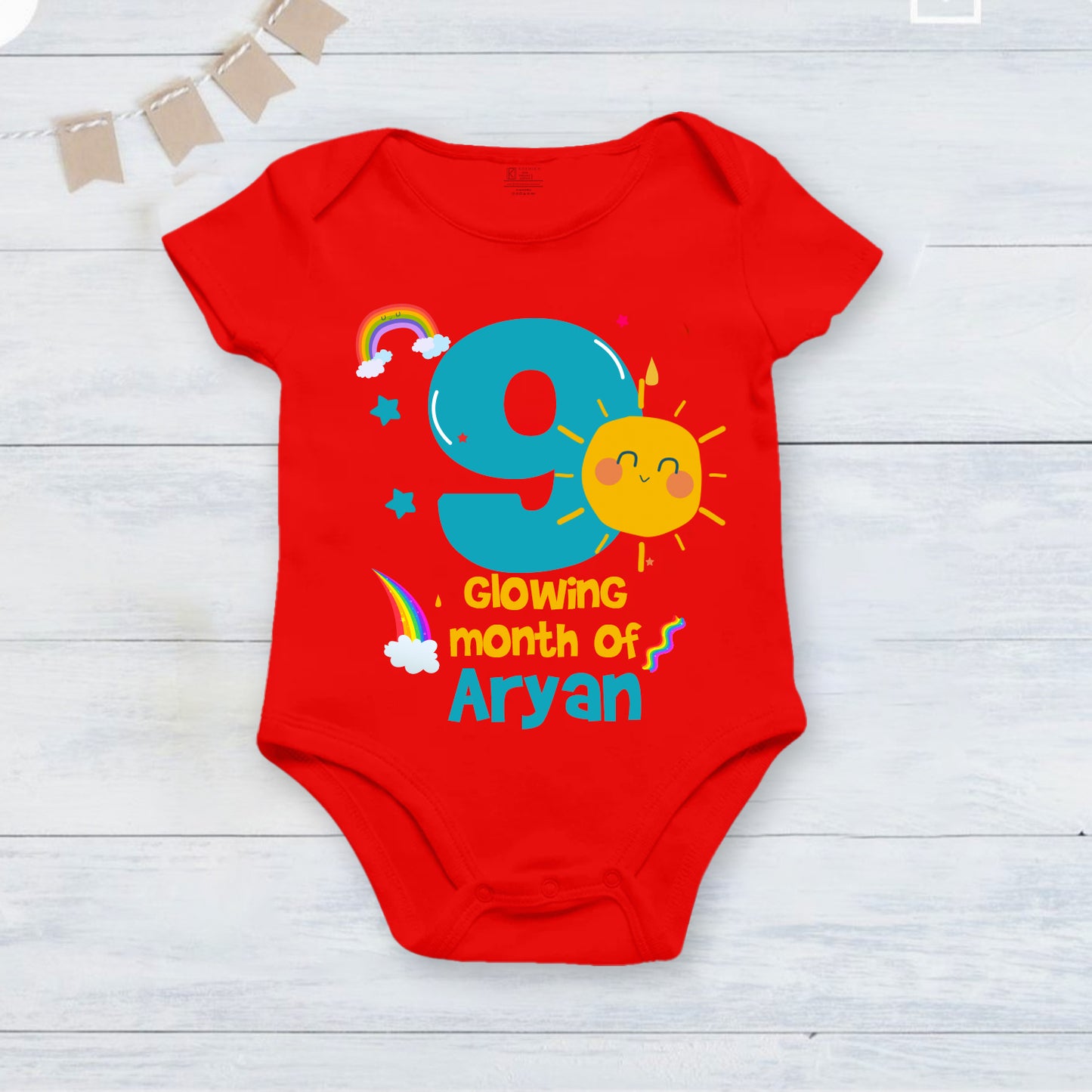 9th Infant monthly birthday_ With Customized Name Stylish Red Onesies