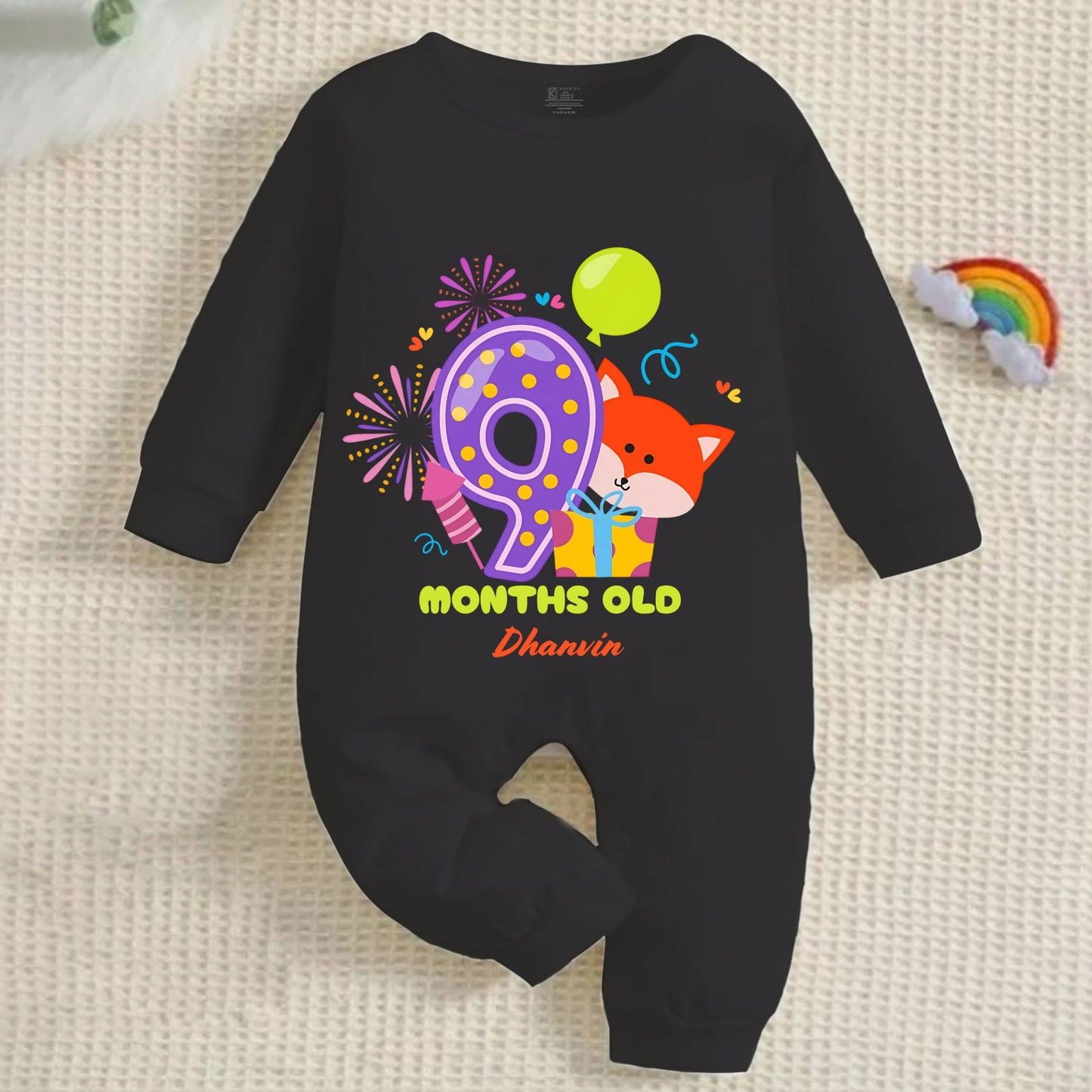 9th Infant monthly birthday Months of Love Full Black Onesie with customized baby name