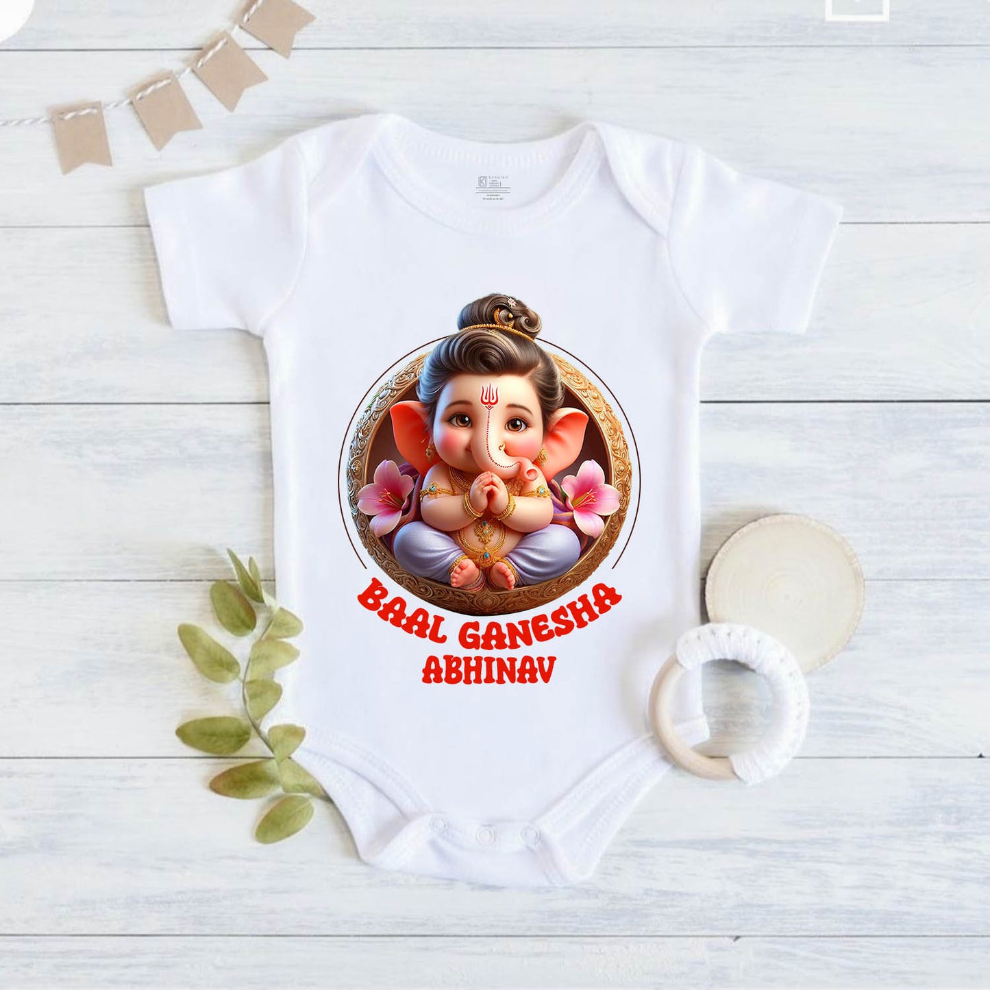 Baal Ganesha with customised name_ White Onesie