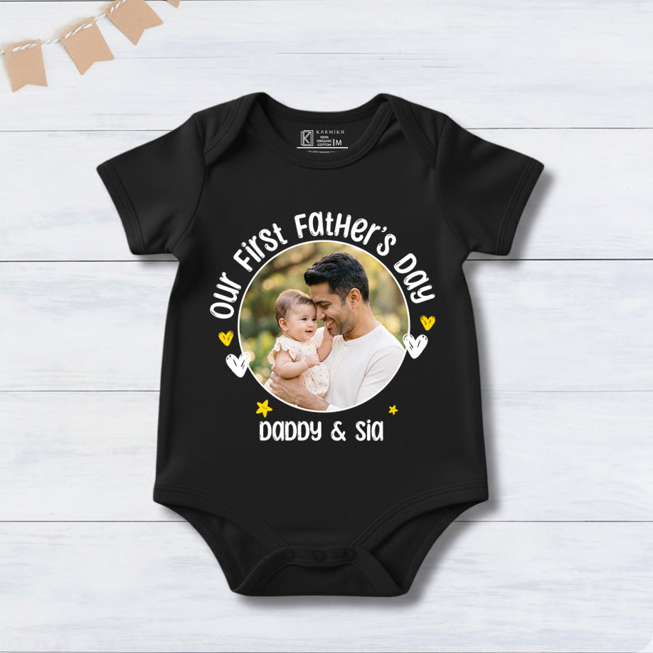 New Born & Baby Clothing | Our First Father's Day Together With Customized Baby Name & Photo Black Bodysuit | Soft T-shirt