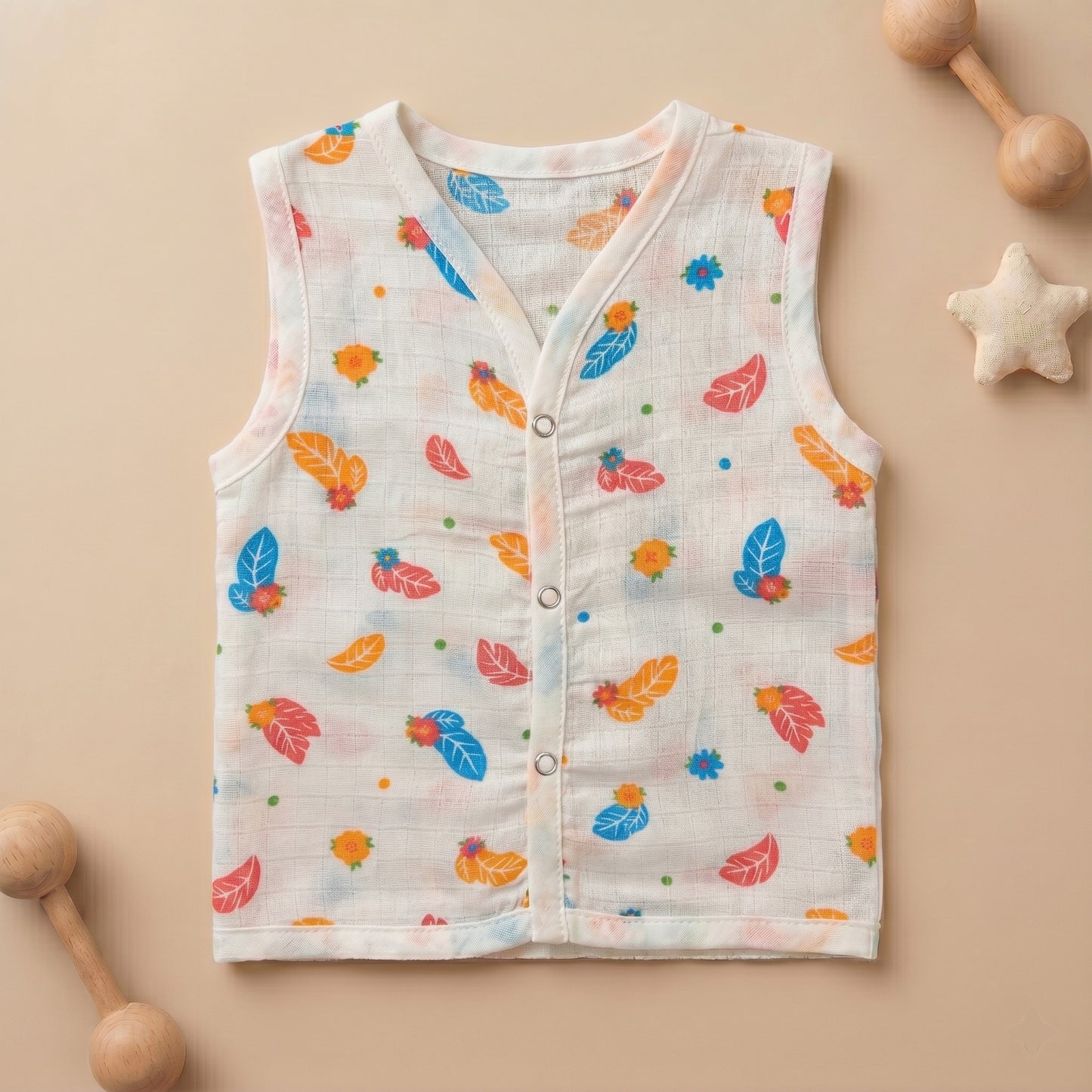 New Born & Baby Clothing | Sleeveless Muslin Baby Dress (6-9 Months) Blue Leaf Cute Print | Soft Cotton