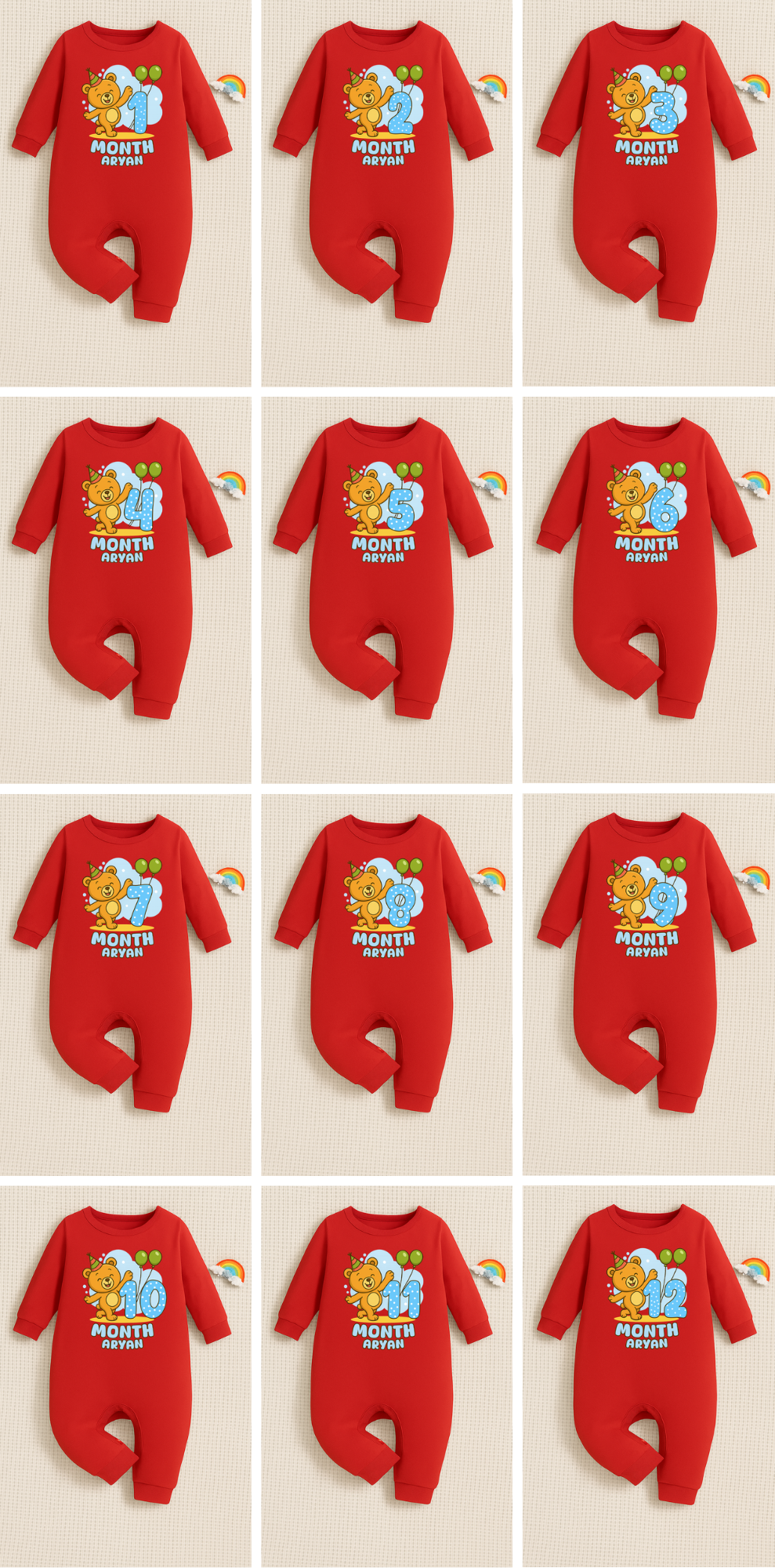 Infant monthly birthday Baby Bear With Customized Baby Name _ Full Red Romper