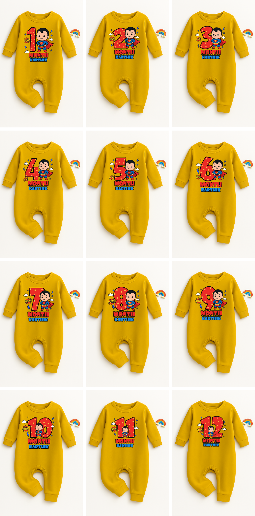Infant monthly birthday Super Baby With Customized Baby Name _ Full Yellow Romper