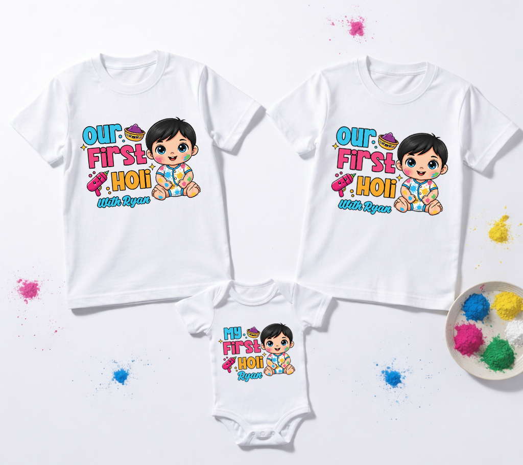 Matching My First Holi Family T-Shirts | Personalized Baby Boy Name Cotton Set