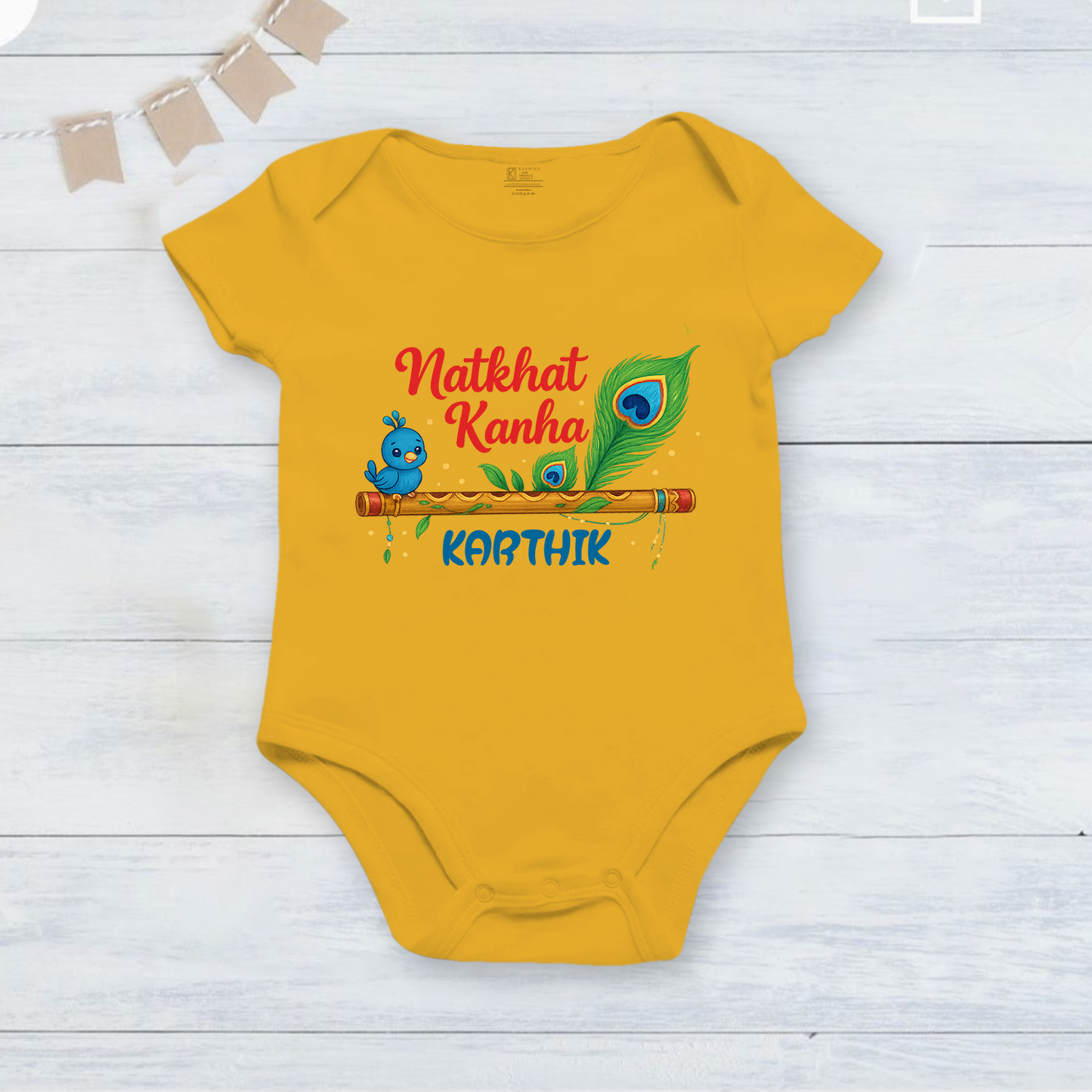 Natkhat Kanha with customised baby name _Yellow Onesie