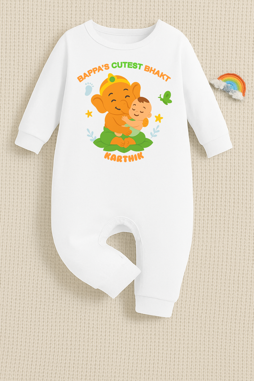 Bappa's Cutest Bhakt with customised name_ Full White Romper