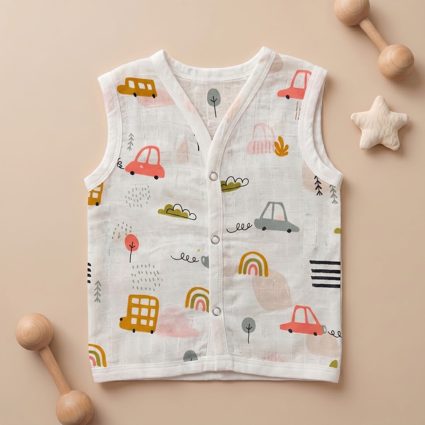 New Born & Baby Clothing | Sleeveless Muslin Baby Dress (0-3 Months) Car Rainbow Cute Print | Soft Cotton