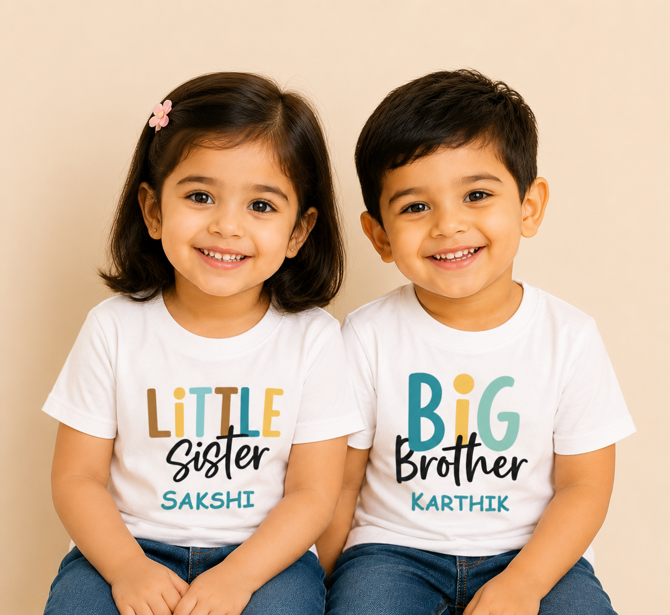 Combo pack of Little Sister, Big Brother with Customised Name_ White Tees