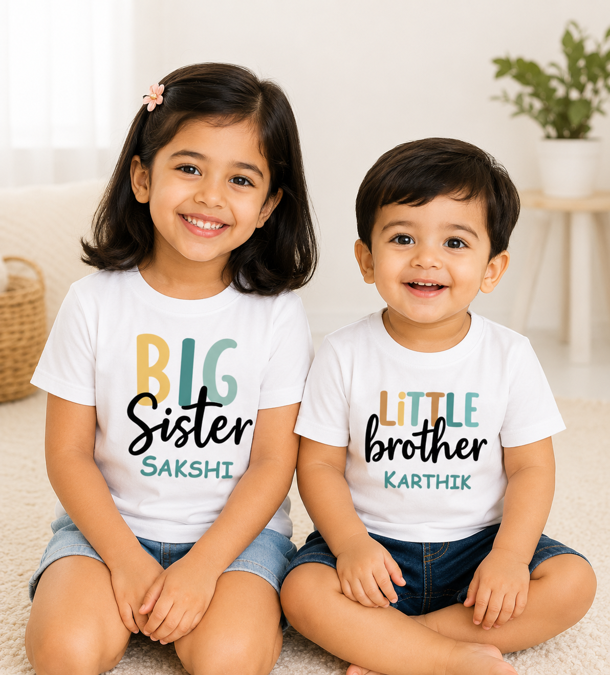 Combo pack of Big Sis, Little Brother with Customised Name_ White Tees