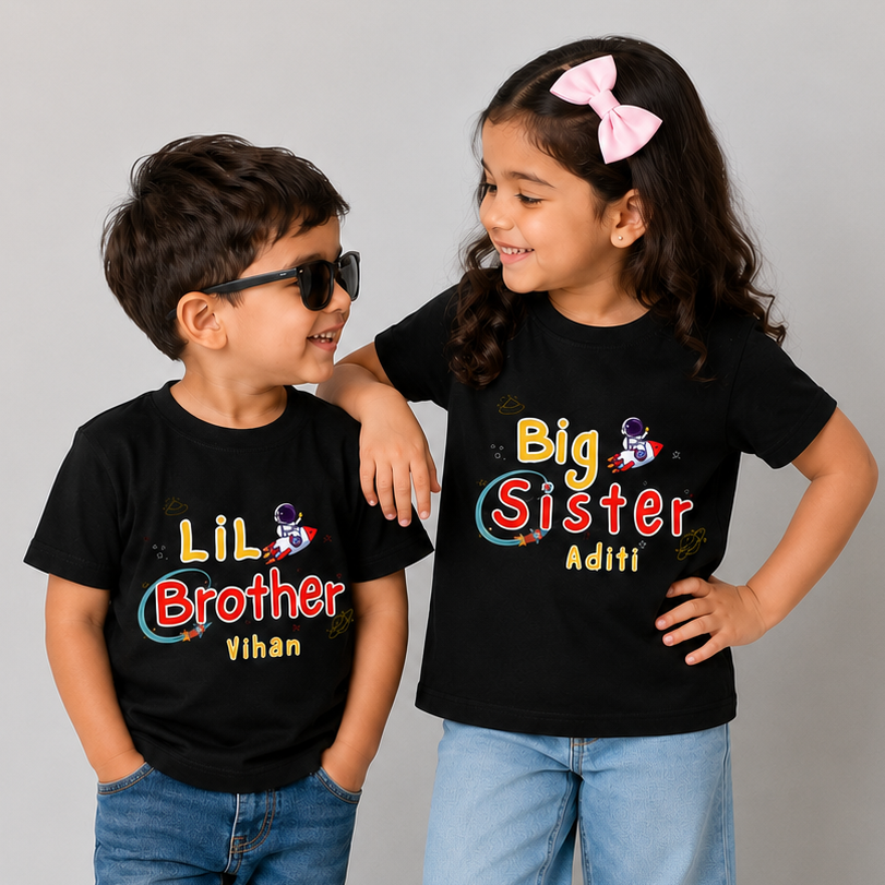 Combo pack of Little Brother, Big Sister with Customised Name_ Black Tees