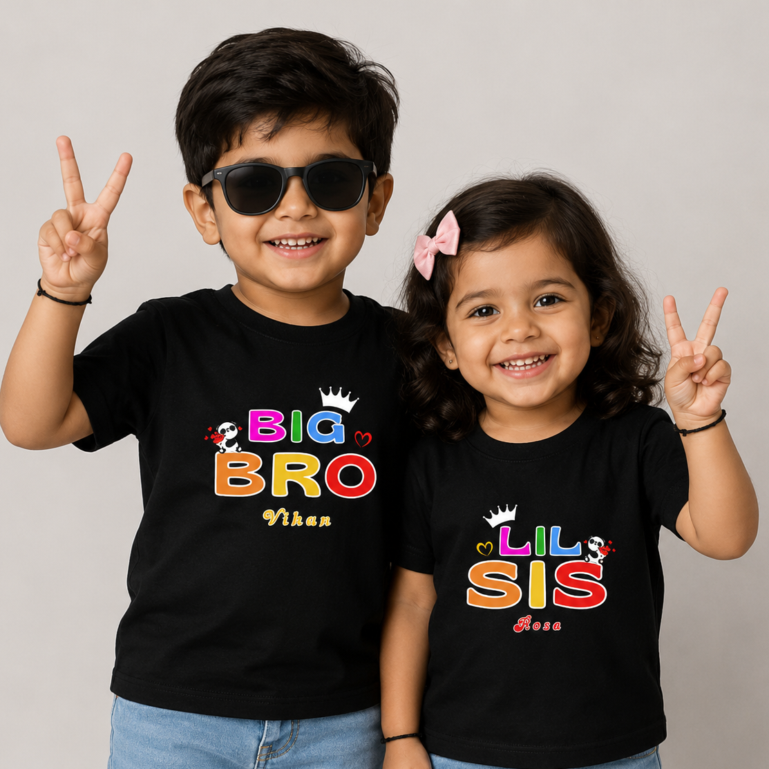 Combo pack of Big Brother, Little Sister with Customised Name_ Black Tees