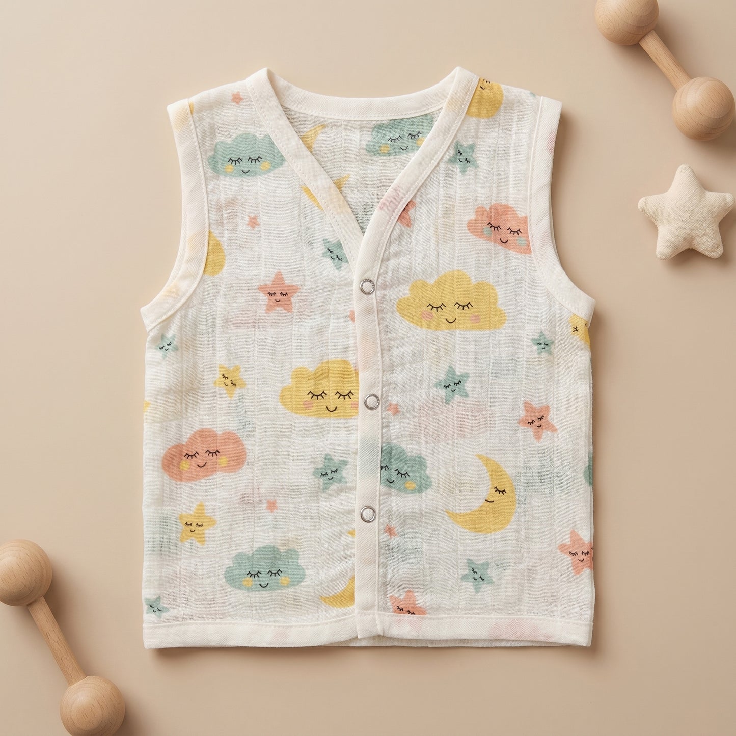New Born & Baby Clothing | Sleeveless Muslin Baby Dress (3-6 Months) Clouds Cute Print | Soft Cotton