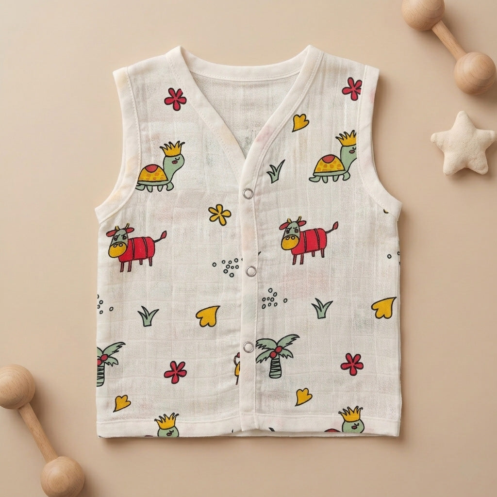 New Born & Baby Clothing | Sleeveless Muslin Baby Dress (0-3 Months) Cow & Turtle Print | Soft Cotton