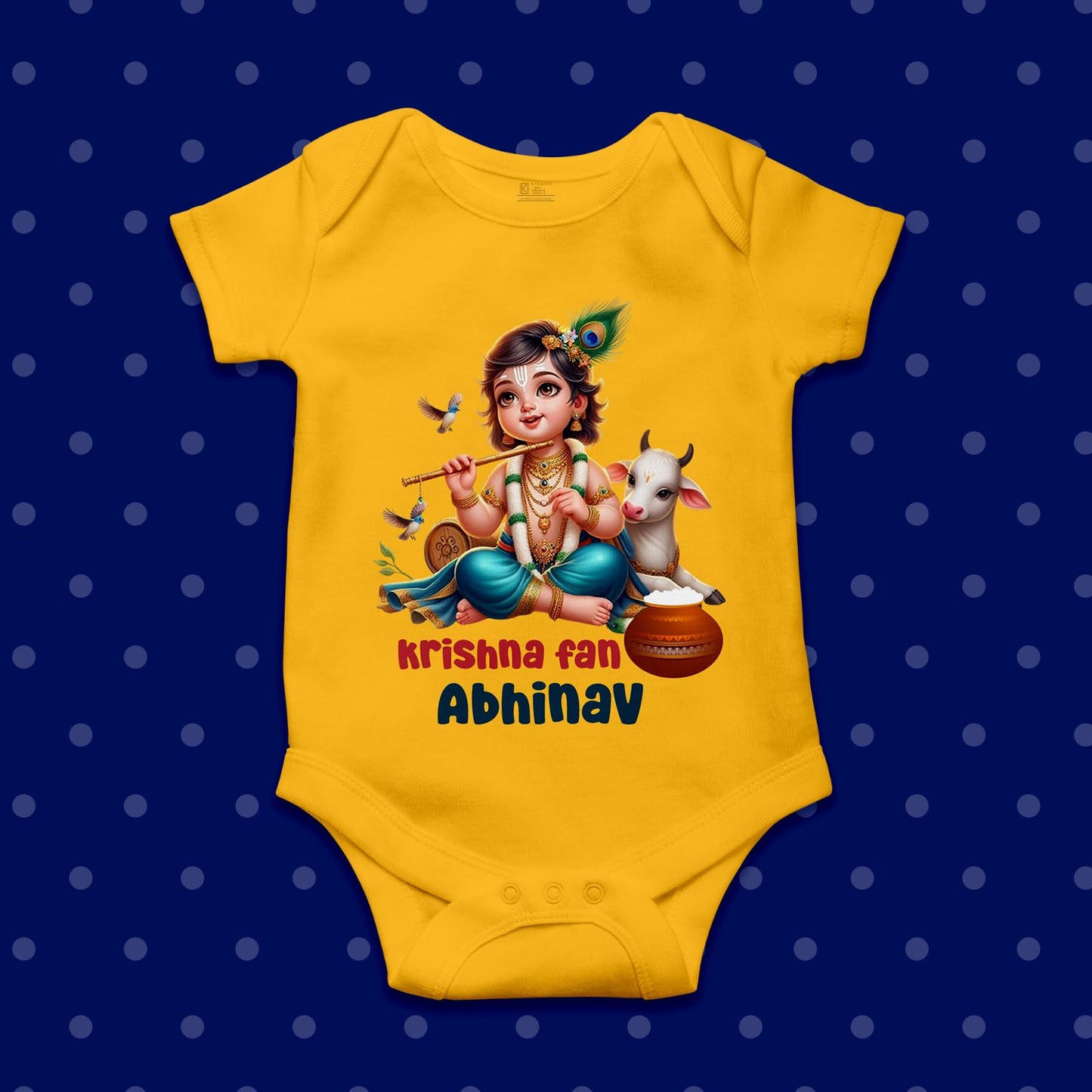 Cute krishna Fan with customized name_Yellow Onesie