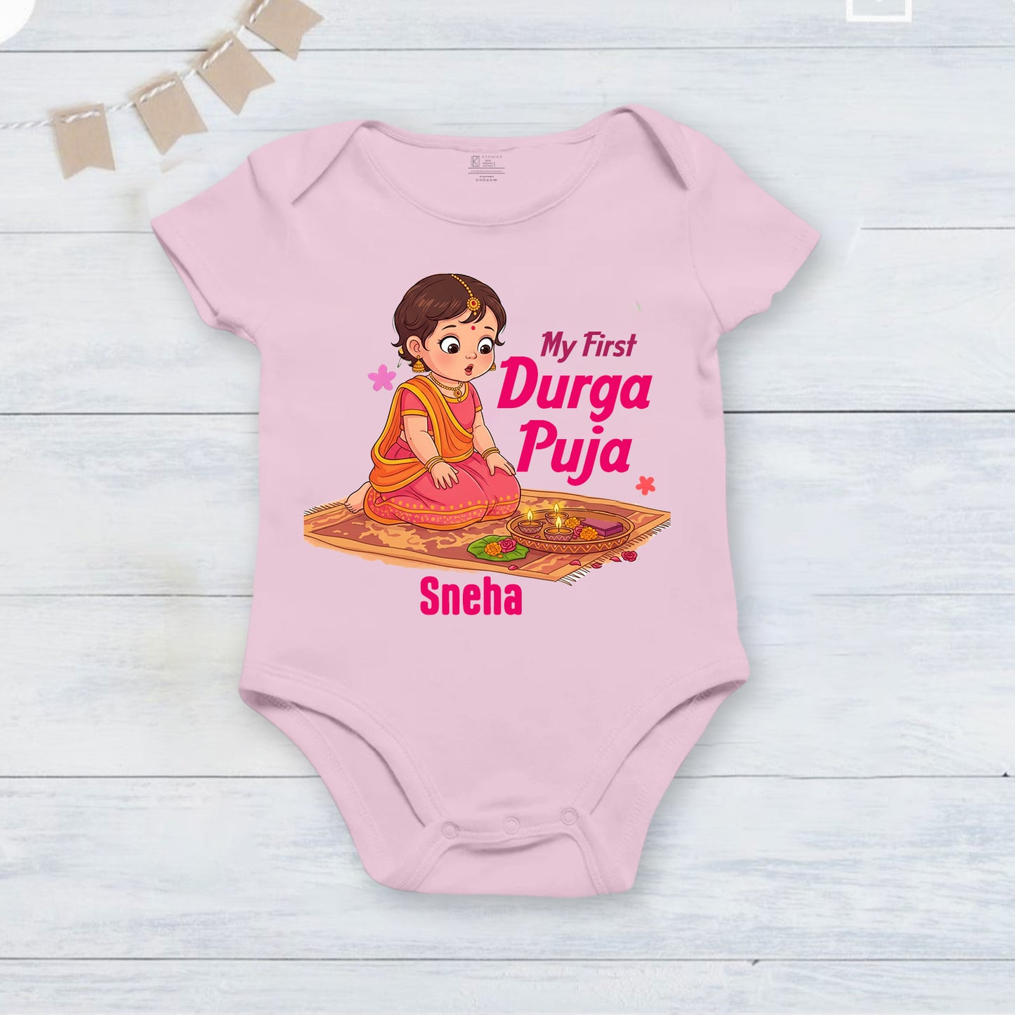 My First Durga Pooja With Customized Baby Name _ Pink_Half_Onesie
