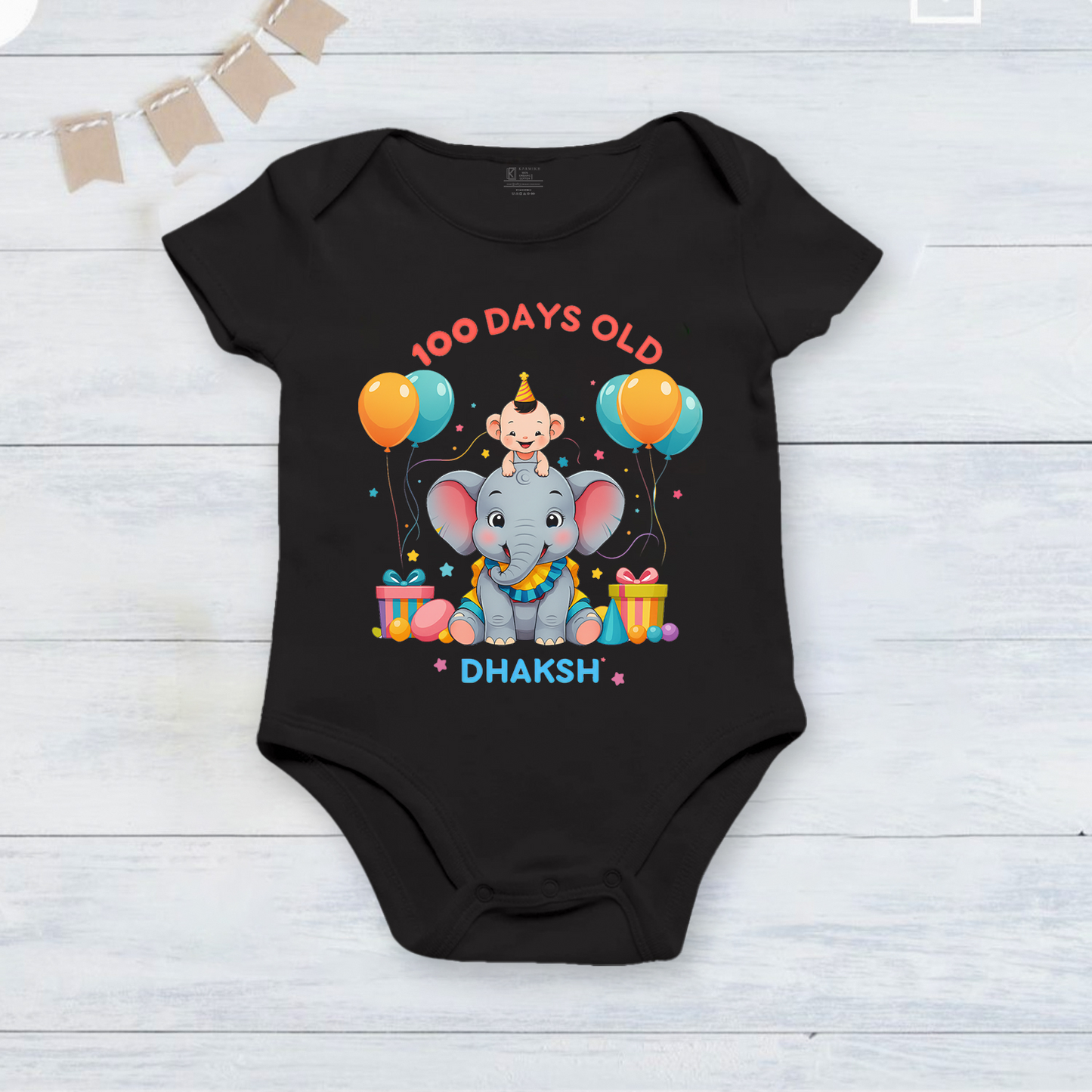 100 Days Completed with customized baby name _ Black romper