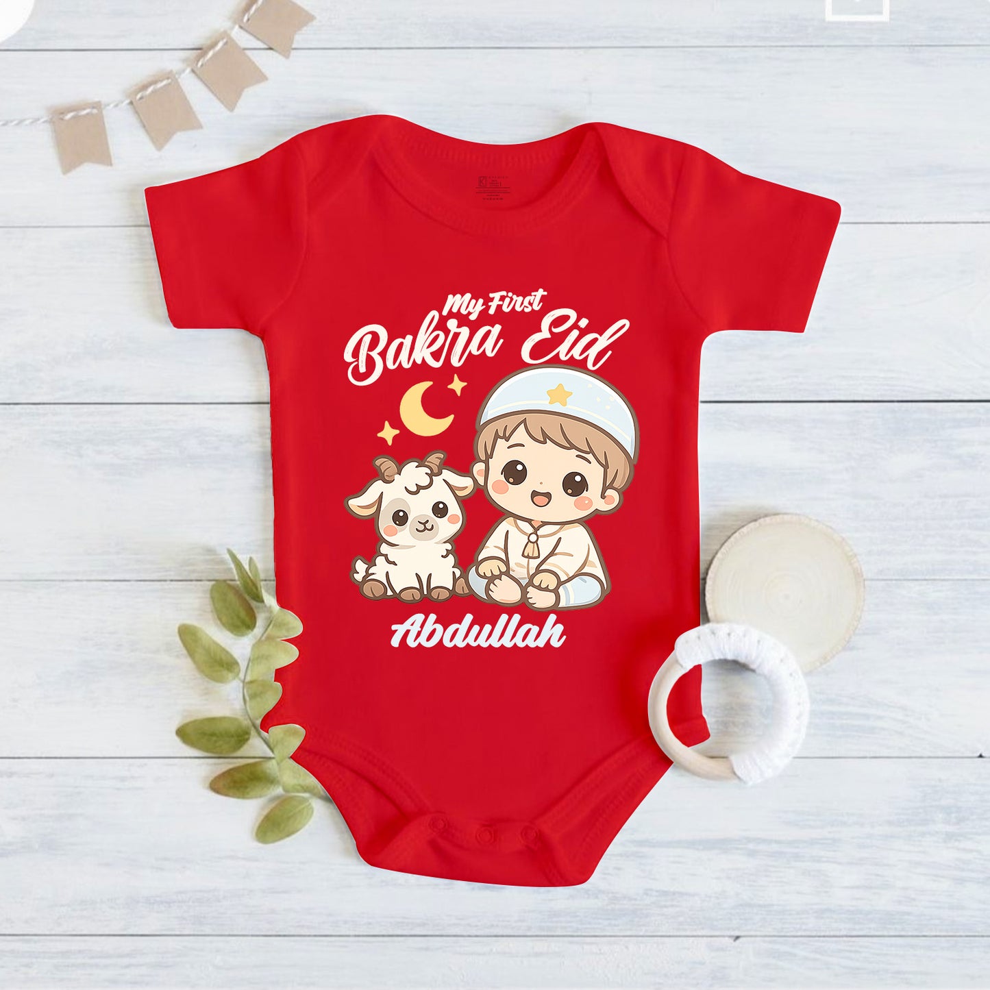 Newborn & Baby Clothing | My First Bakra Eid Romper With Personalized Baby Boy Name | Soft Red Cotton