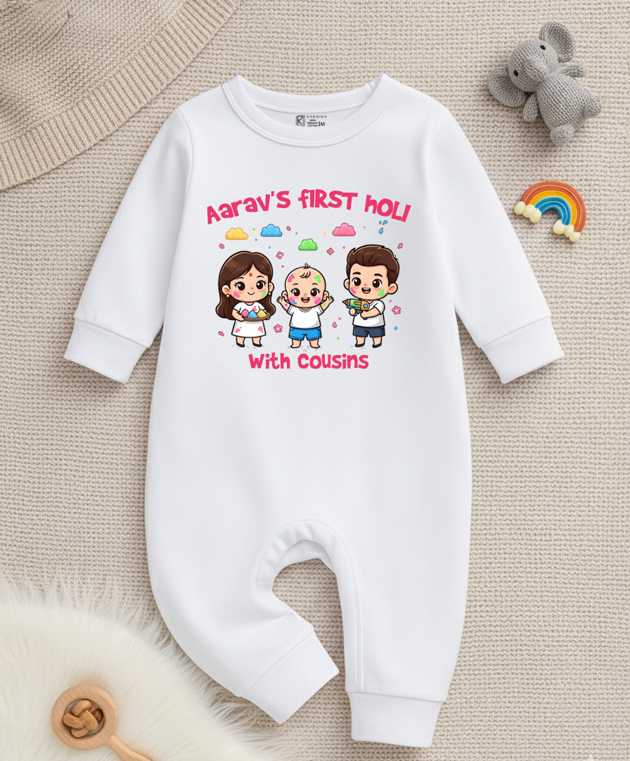 New Born & Baby Clothing | Baby First Holi With Cousins Dress with Baby Name | Soft Cotton