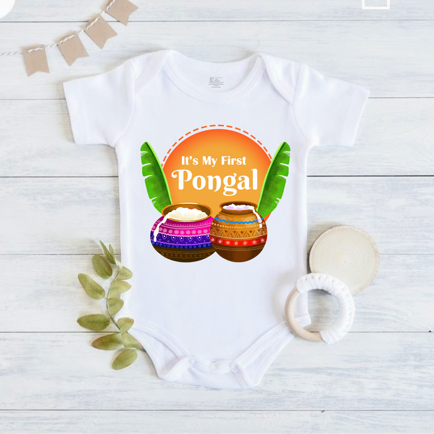 Personalized baby romper for first Pongal made with soft cotton