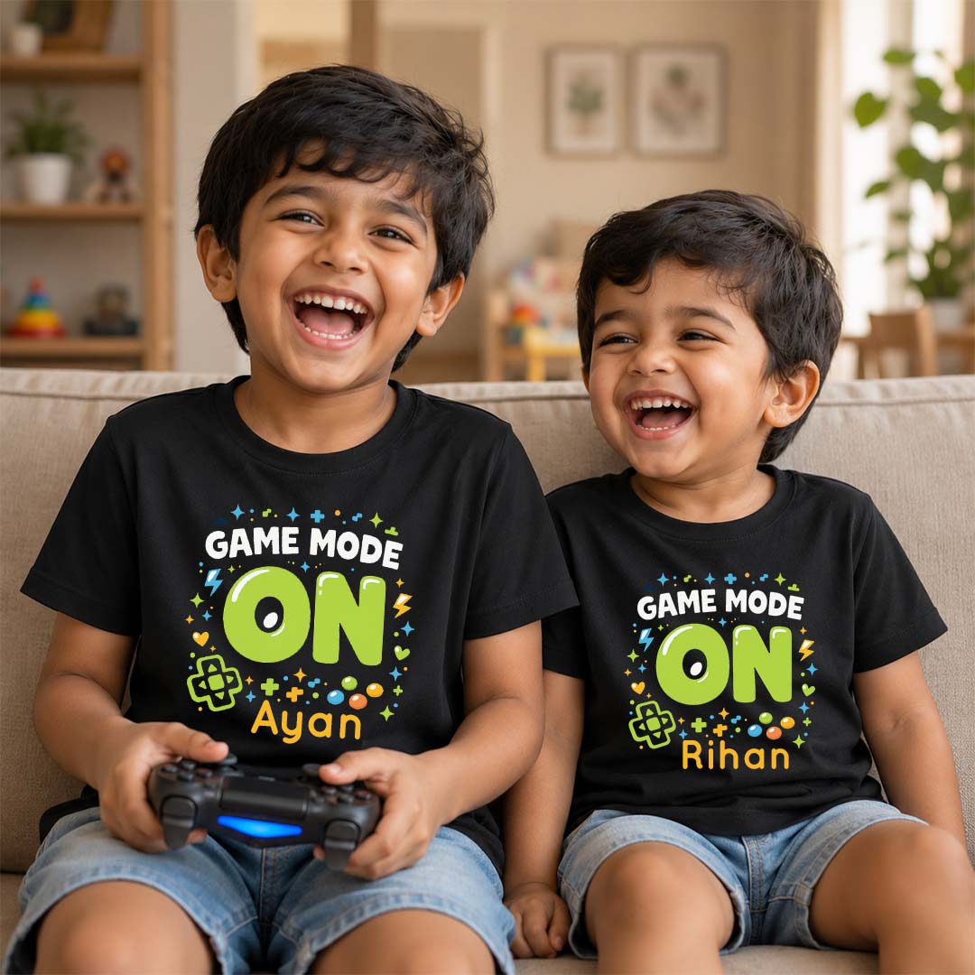 Combo pack of Game Mode On with custom names siblings Black Tees