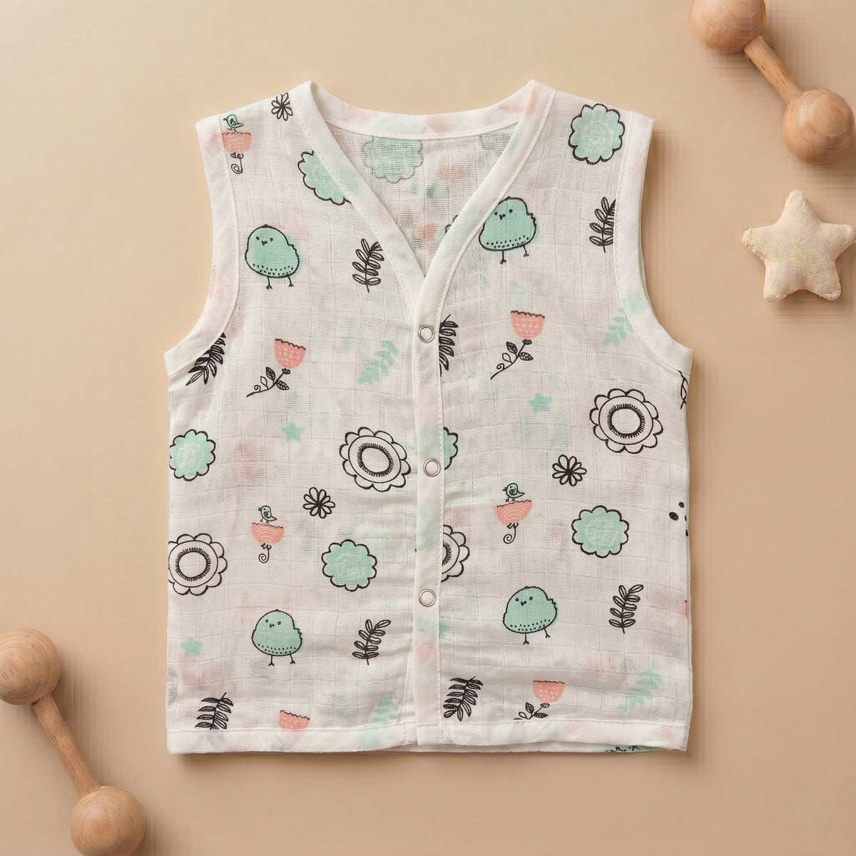 New Born & Baby Clothing | Sleeveless Muslin Baby Dress (6-9 Months) Green Birdy Cute Print | Soft Cotton