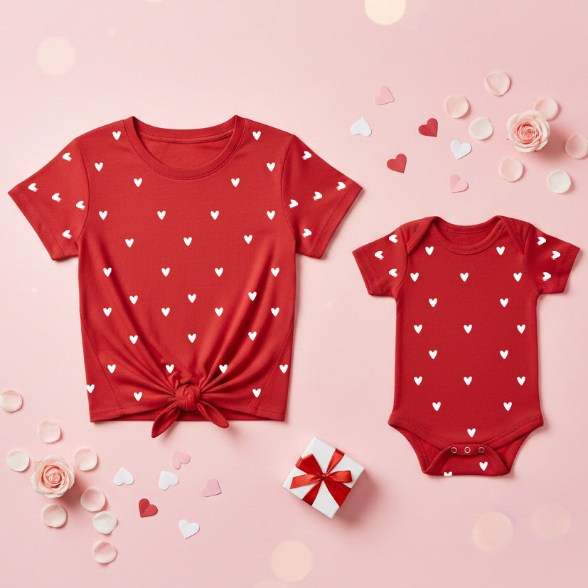 New Born & Baby Clothing | Baby’s First Valentine Outfit – Mom & Kid Red Heart T-shirt Duo | Soft Cotton