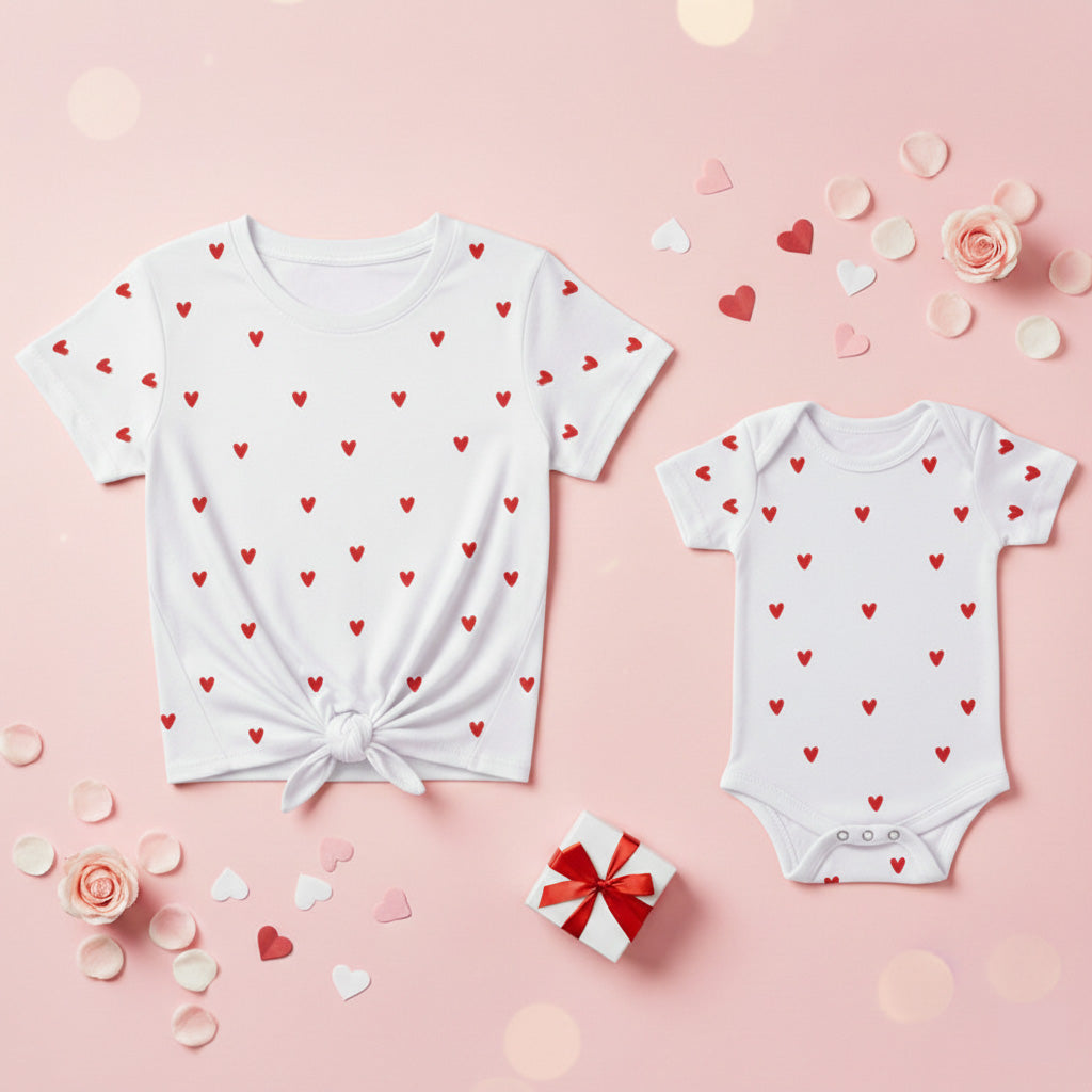 New Born & Baby Clothing | Baby’s First Valentine Outfit – Mom & Kid White Heart T-shirt Duo | Soft Cotton