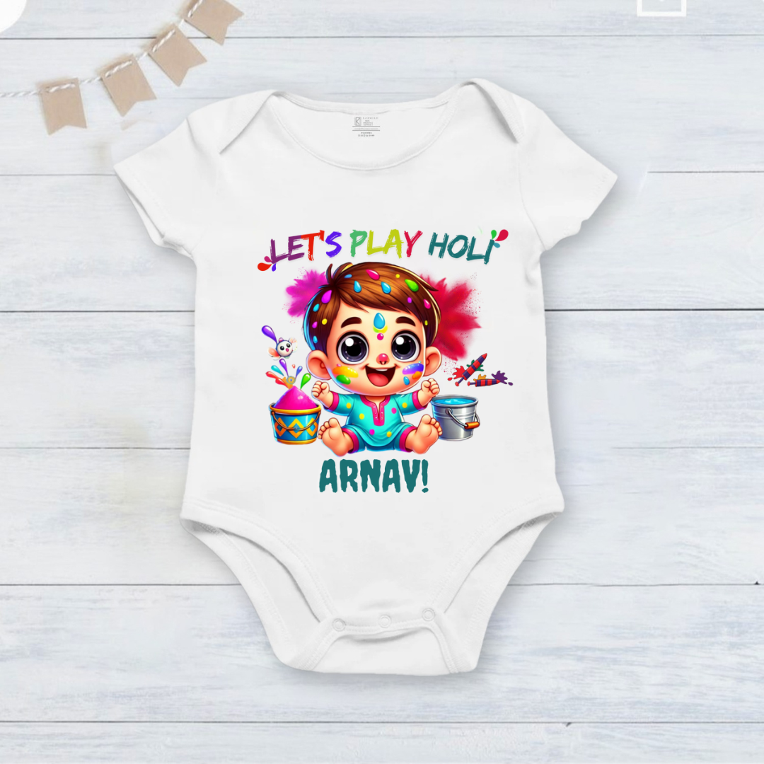 New Born & Baby Clothing | Baby My First Holi Dress Let's Play Holi with Customized Baby Boy Name | Soft Cotton