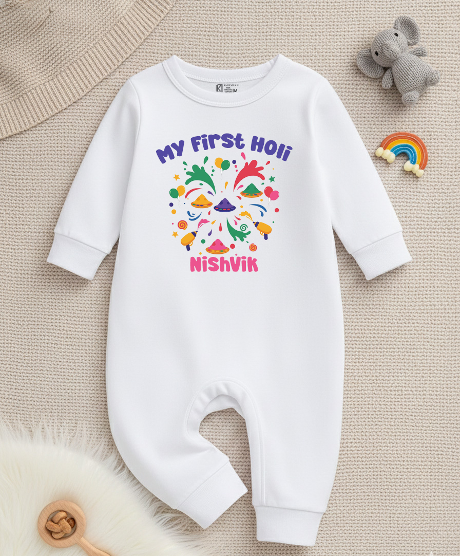 New Born & Baby Clothing | Baby My First Holi Dress with Customized Baby Name | Soft Cotton Dress