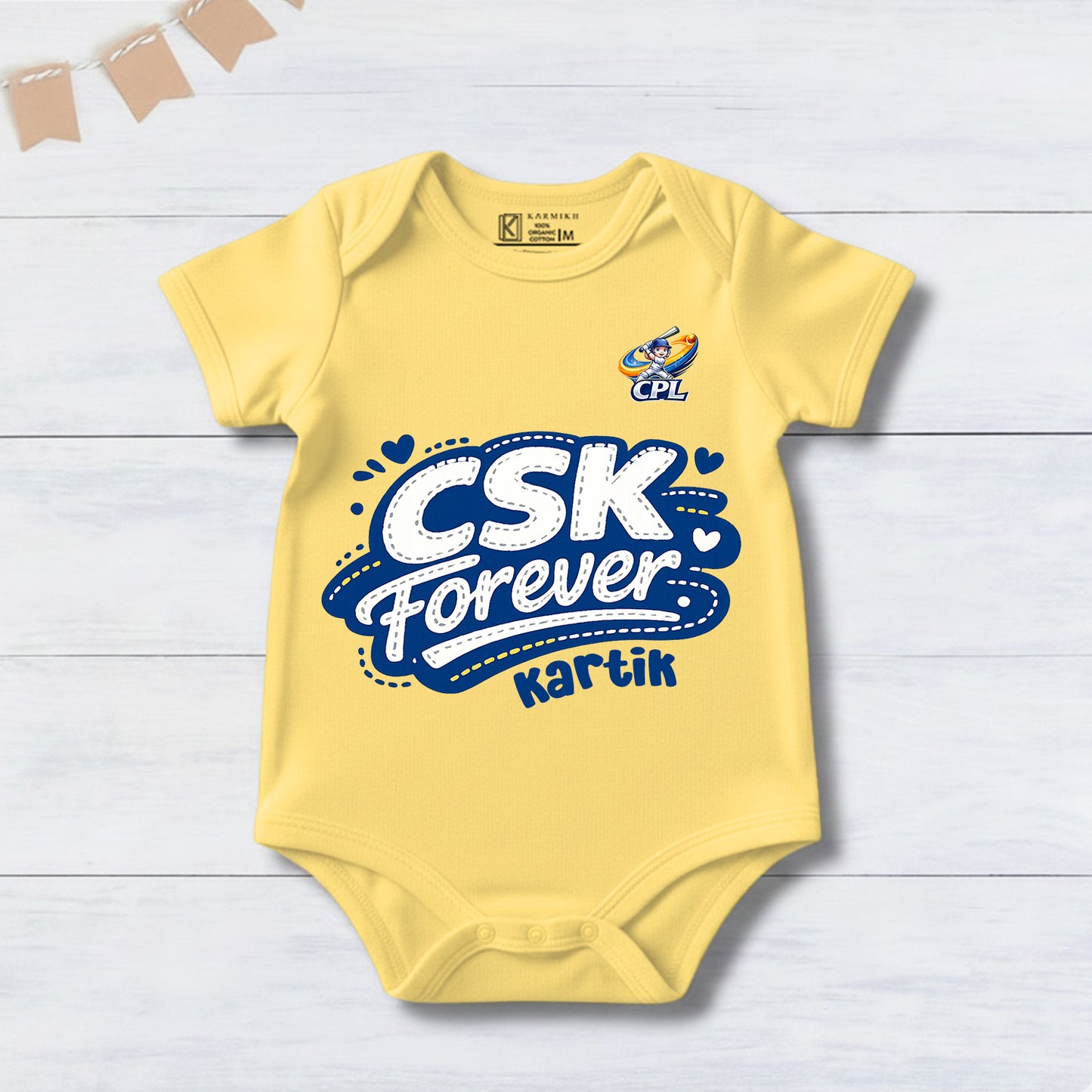 New Born & Baby Clothing | Baby’s CSK Forever With Customized Baby Name Yellow Bodysuit | Soft Cotton