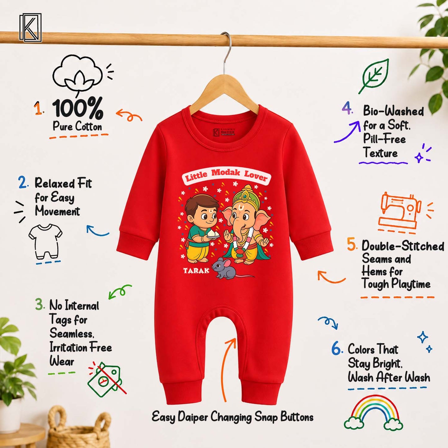 Little Modak Lover with customised name_ Full Red Romper