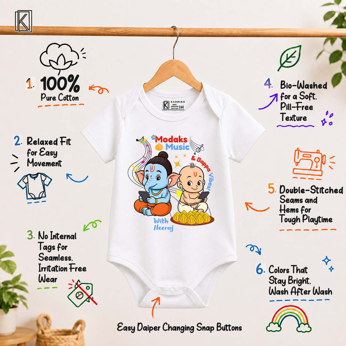 Modak's Music and Bappa Vibes with customised name_ White Onesie