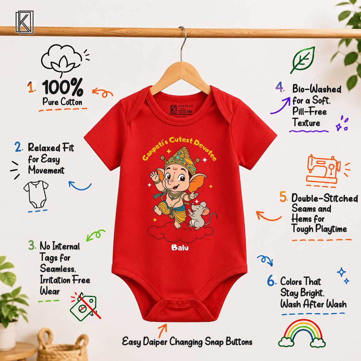Ganpati's Cutest Devotee with customised name_ Red Onesie