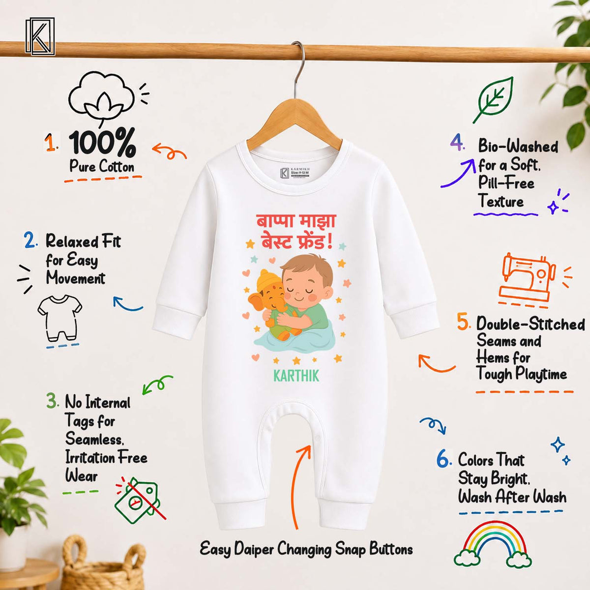 Ganpati Bappa Is My Best Friend in Marathi with customised name_ Full White Romper