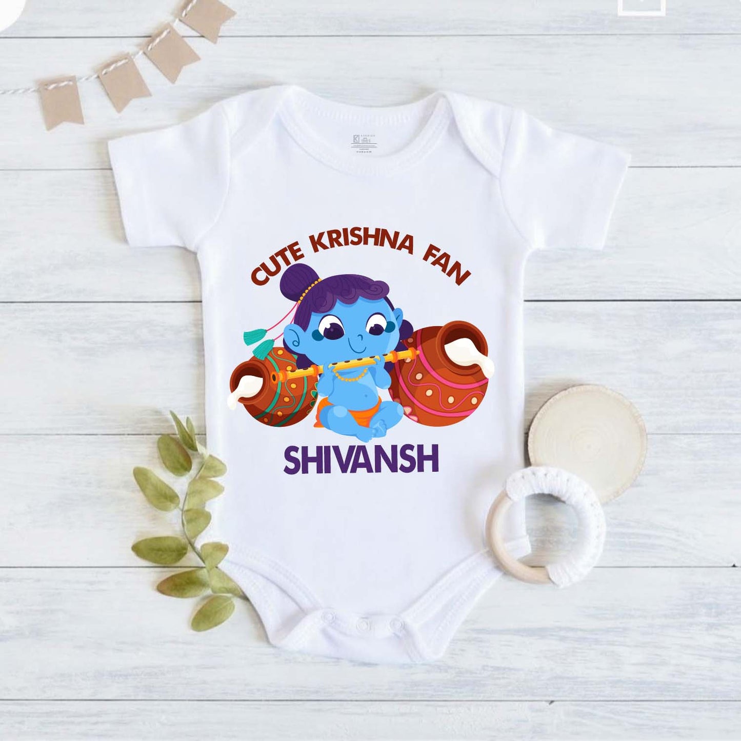 Cute Krishna Fan with customised baby name_White Onesie