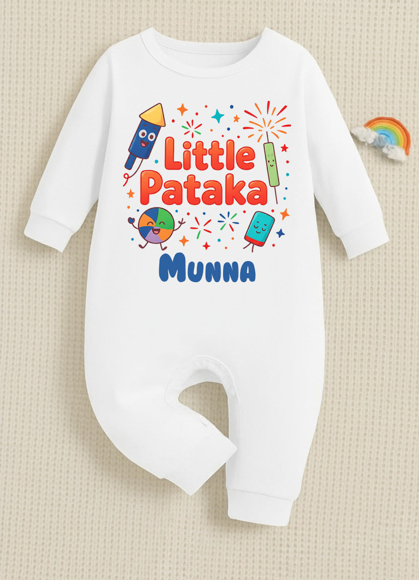 Little Pataka With Customized Baby Name _ Full White Romper