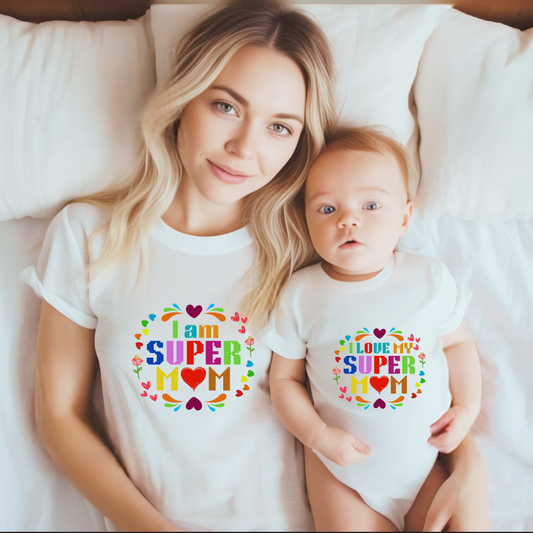 I am Super Mom and I love my super mom_ combo white tee