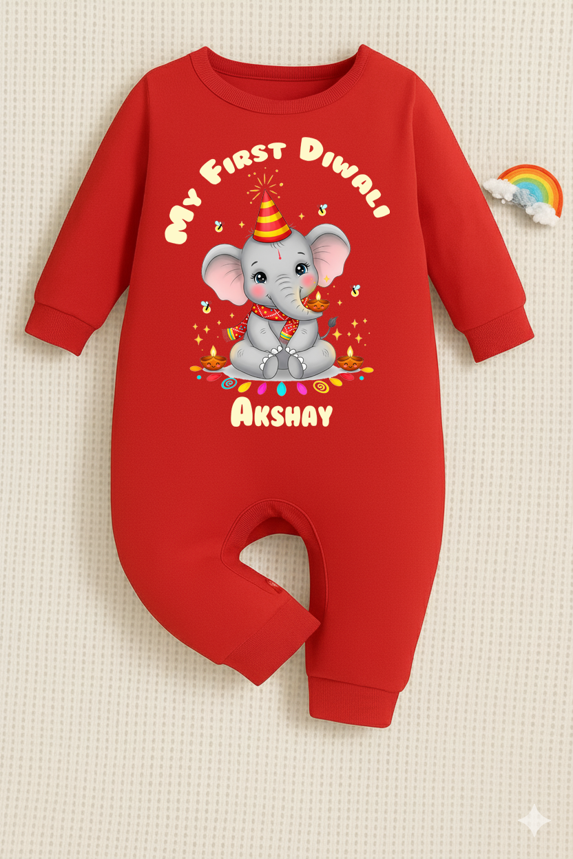 My First Diwali With Customized Baby Name _ Full Red Romper