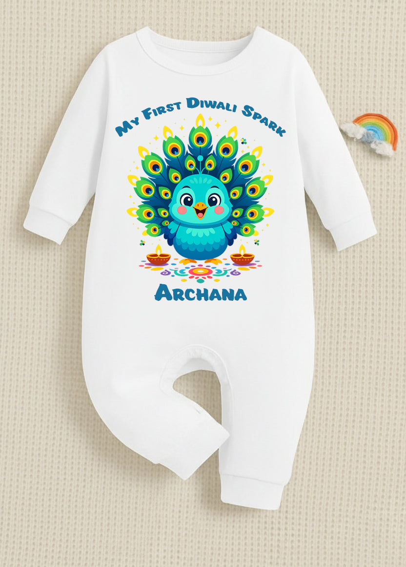My First Diwali Spark With Customized Baby Name _ Full White Romper
