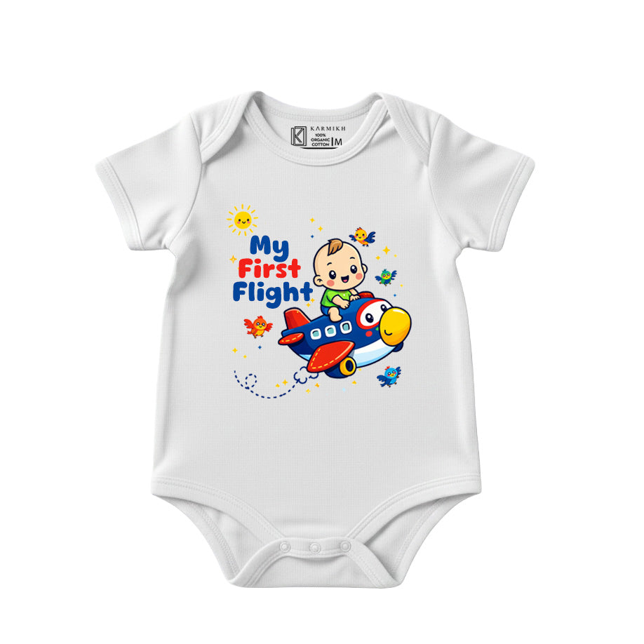 Karmikh My First Flight Baby Bodysuit | Cute Airplane Print Short Sleeve Cotton Onesie for Newborn Boys & Girls | Travel-Themed Baby Clothing | Sizes 0–3M to 9–12M
