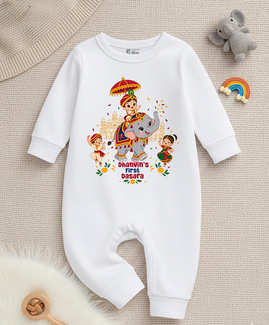 First Dussehra With Customized Baby Boy Design with Name _ Full White Romper