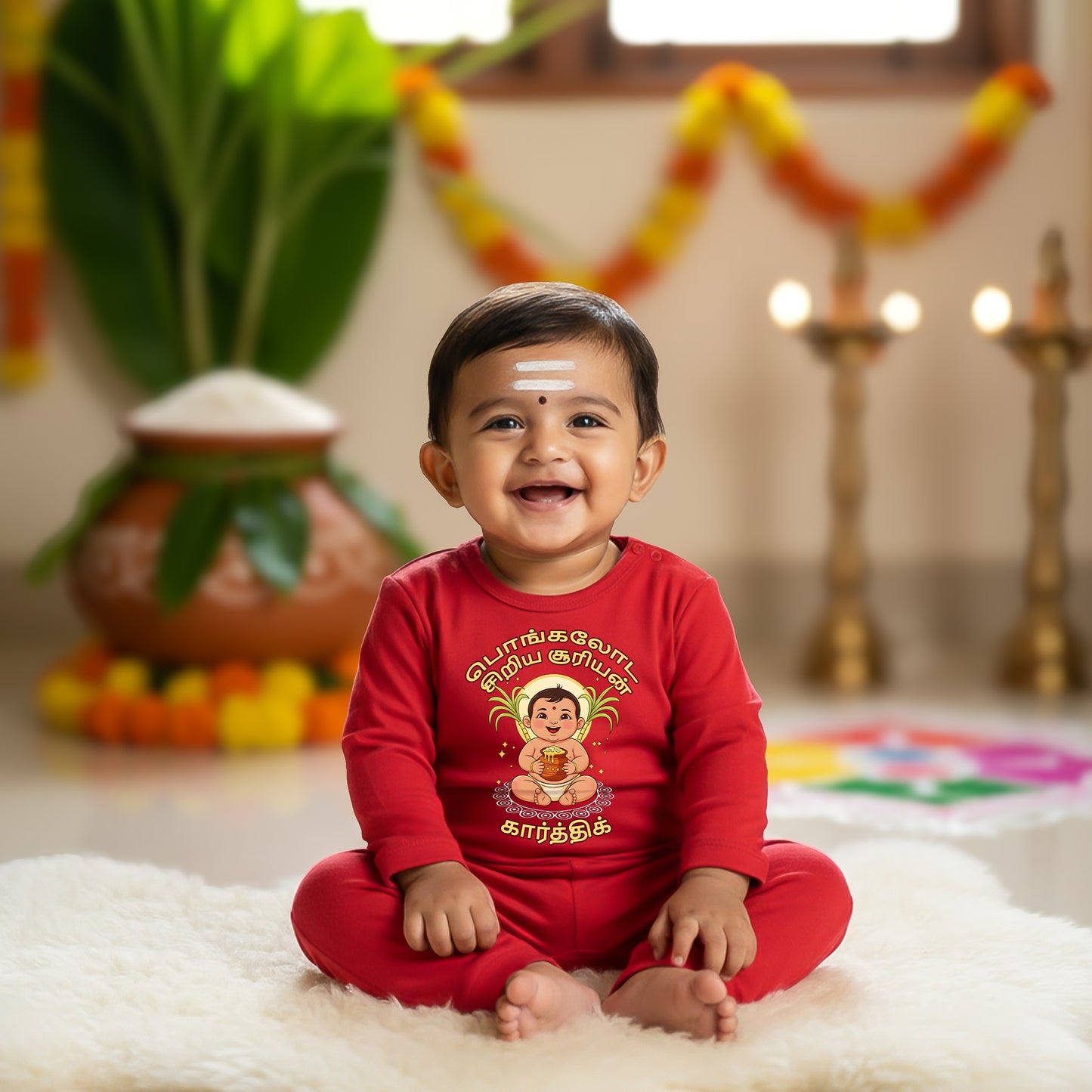 Personalized baby full romper for first Pongal tamil made with soft cotton