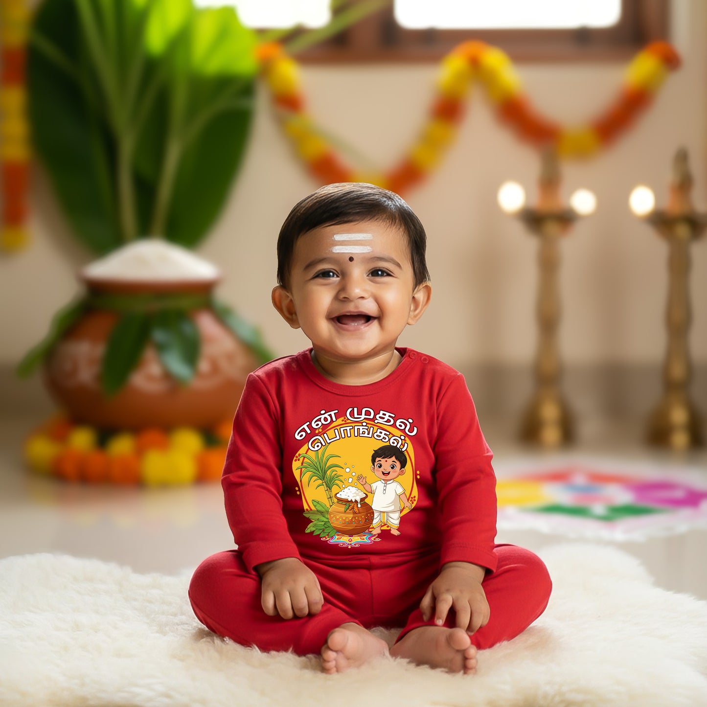 Personalized baby romper for first Pongal made with soft cotton full romper